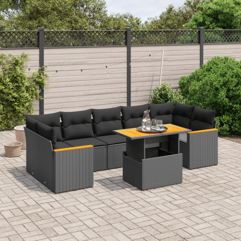 8-tlg. Garten-Sofagarnitur mit Kissen Schwarz Poly Rattan