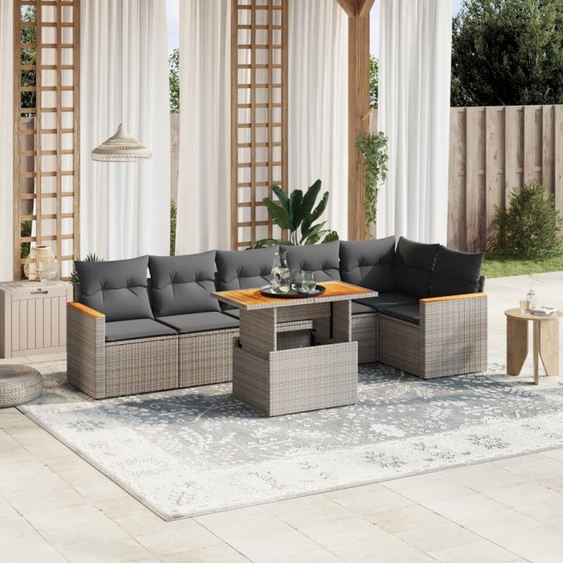 7-tlg. Garten-Sofagarnitur mit Kissen Grau Poly Rattan