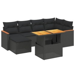 7-tlg. Garten-Sofagarnitur mit Kissen Schwarz Poly Rattan