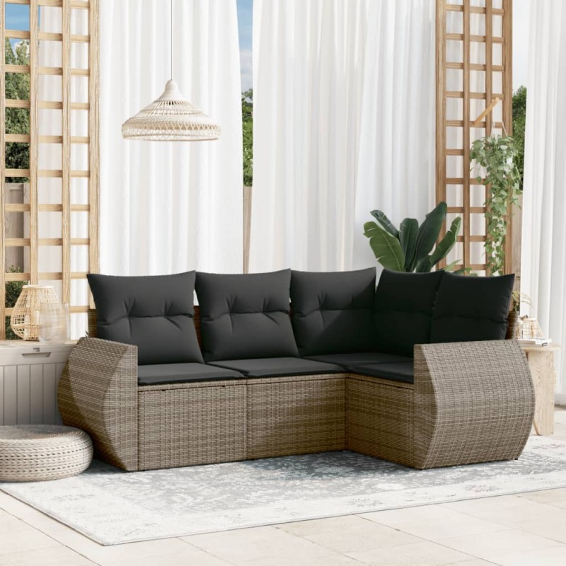 4-tlg. Garten-Sofagarnitur mit Kissen Grau Poly Rattan