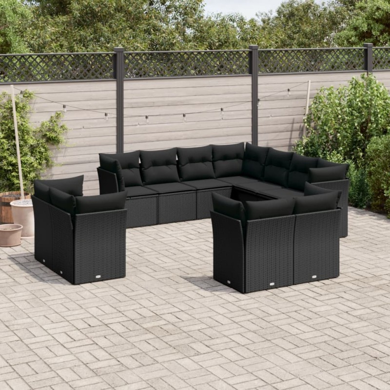 11-tlg. Garten-Sofagarnitur mit Kissen Schwarz Poly Rattan