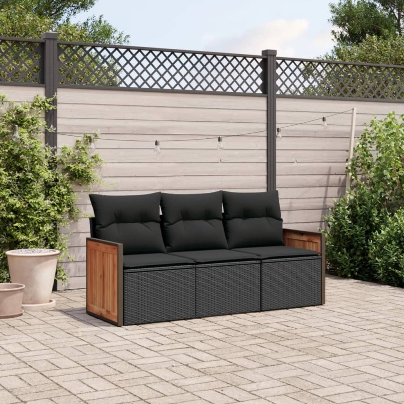 3-tlg. Garten-Sofagarnitur mit Kissen Schwarz Poly Rattan