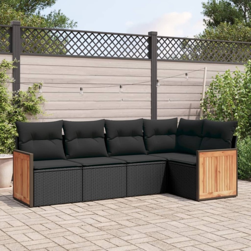 5-tlg. Garten-Sofagarnitur mit Kissen Schwarz Poly Rattan