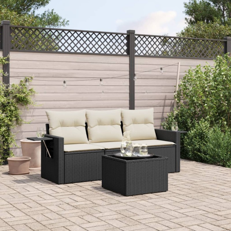 4-tlg. Garten-Sofagarnitur mit Kissen Schwarz Poly Rattan