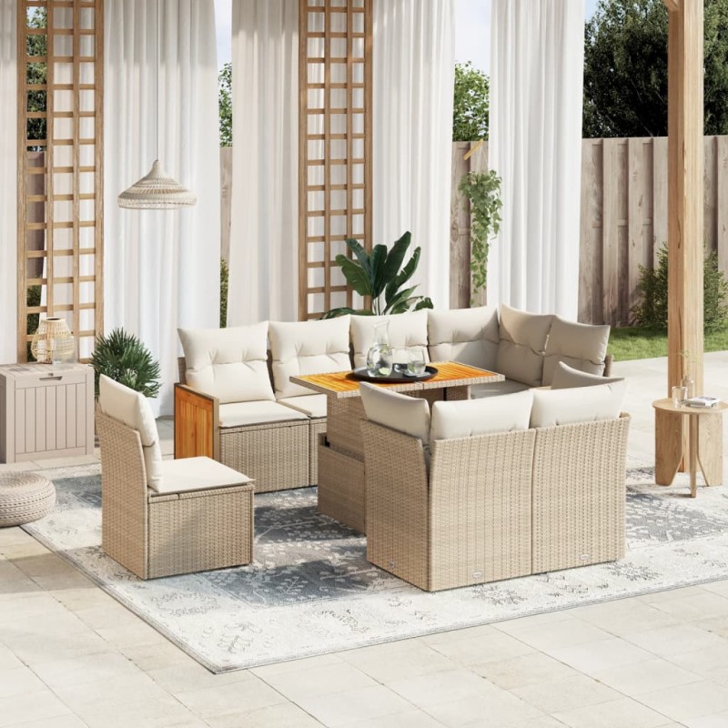 9-tlg. Garten-Sofagarnitur mit Kissen Beige Poly Rattan