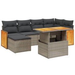 7-tlg. Garten-Sofagarnitur mit Kissen Grau Poly Rattan