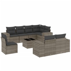 9-tlg. Garten-Sofagarnitur mit Kissen Grau Poly Rattan