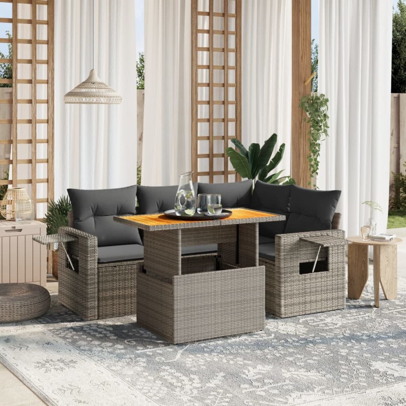 5-tlg. Garten-Sofagarnitur mit Kissen Grau Poly Rattan