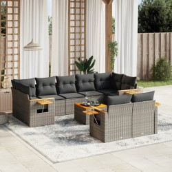 10-tlg. Garten-Sofagarnitur mit Kissen Grau Poly Rattan