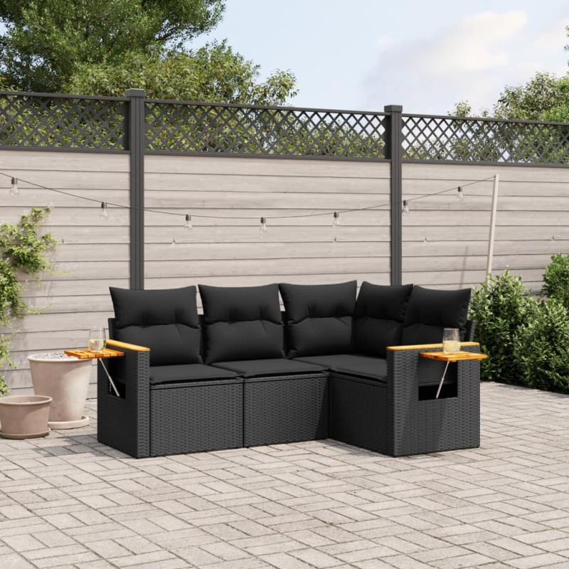 4-tlg. Garten-Sofagarnitur mit Kissen Schwarz Poly Rattan