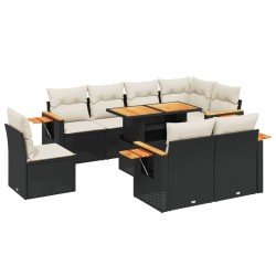 9-tlg. Garten-Sofagarnitur mit Kissen Schwarz Poly Rattan