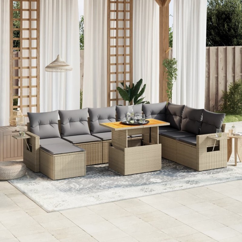 9-tlg. Garten-Sofagarnitur mit Kissen Beige Poly Rattan