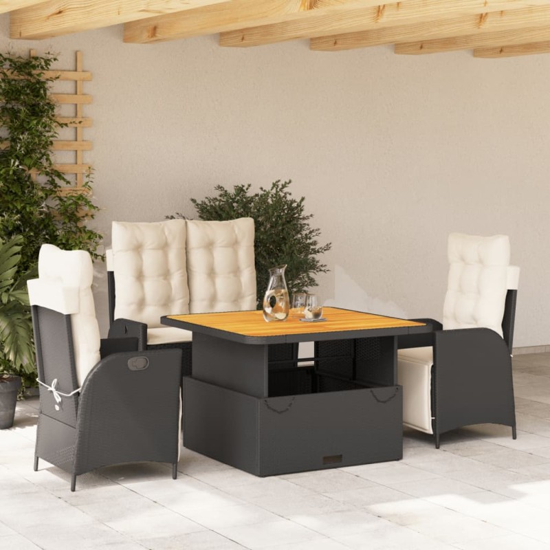 4-tlg. Garten-Essgruppe mit Kissen Schwarz Poly Rattan