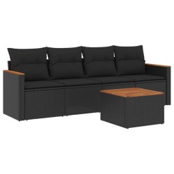 5-tlg. Garten-Sofagarnitur mit Kissen Schwarz Poly Rattan