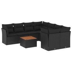 9-tlg. Garten-Sofagarnitur mit Kissen Schwarz Poly Rattan