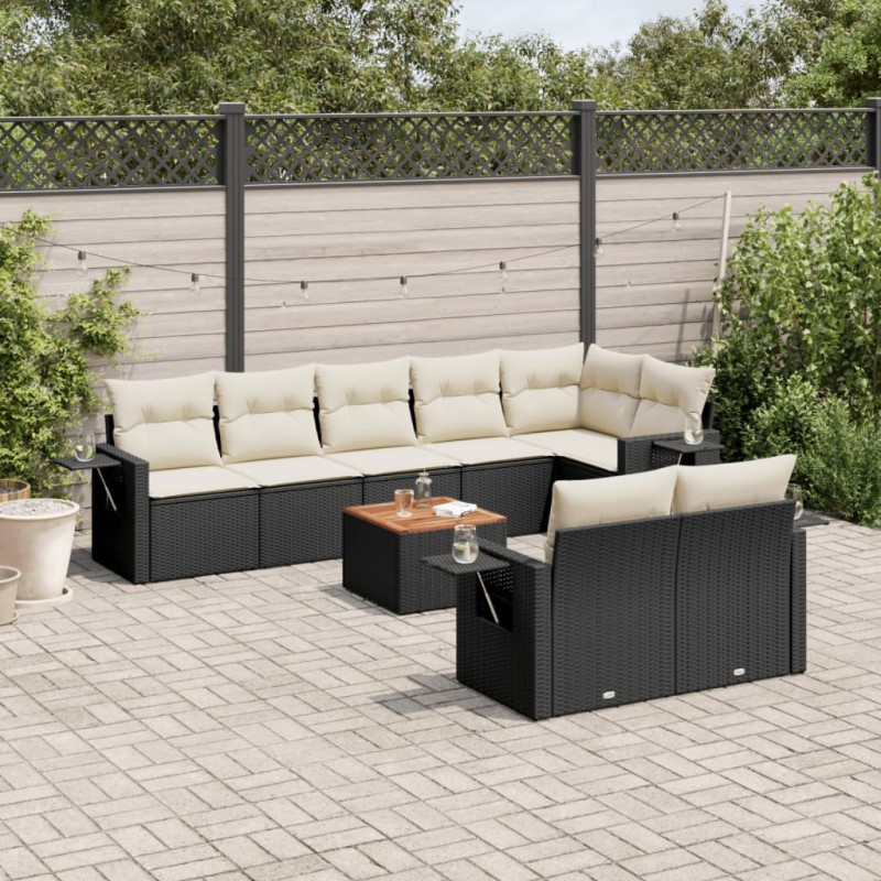 9-tlg. Garten-Sofagarnitur mit Kissen Schwarz Poly Rattan