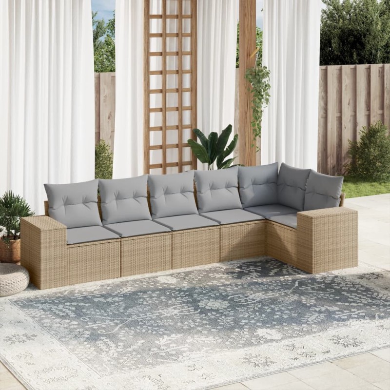 6-tlg. Garten-Sofagarnitur mit Kissen Beige Poly Rattan