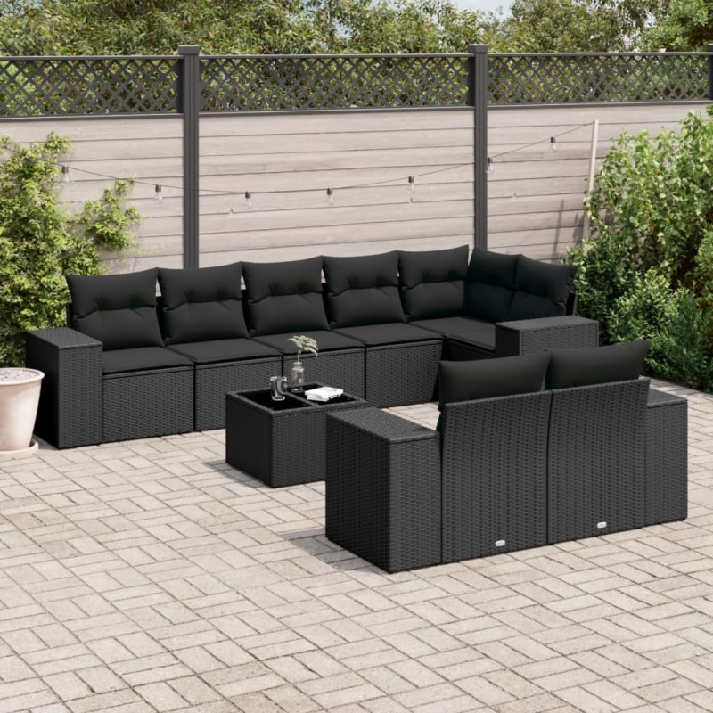 9-tlg. Garten-Sofagarnitur mit Kissen Schwarz Poly Rattan