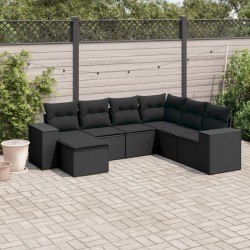 7-tlg. Garten-Sofagarnitur mit Kissen Schwarz Poly Rattan