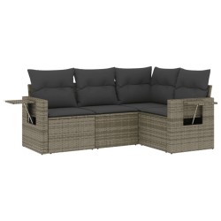 4-tlg. Garten-Sofagarnitur mit Kissen Grau Poly Rattan