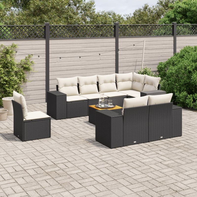 9-tlg. Garten-Sofagarnitur mit Kissen Schwarz Poly Rattan