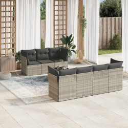 8-tlg. Garten-Sofagarnitur mit Kissen Hellgrau Poly Rattan