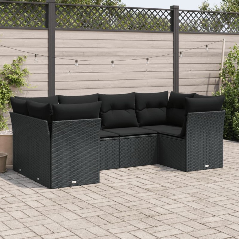 6-tlg. Garten-Sofagarnitur mit Kissen Schwarz Poly Rattan