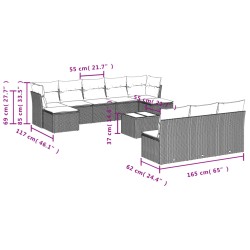 11-tlg. Garten-Sofagarnitur mit Kissen Schwarz Poly Rattan