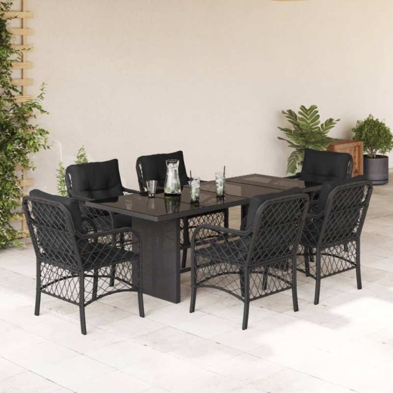 7-tlg. Garten-Essgruppe mit Kissen Schwarz Poly Rattan