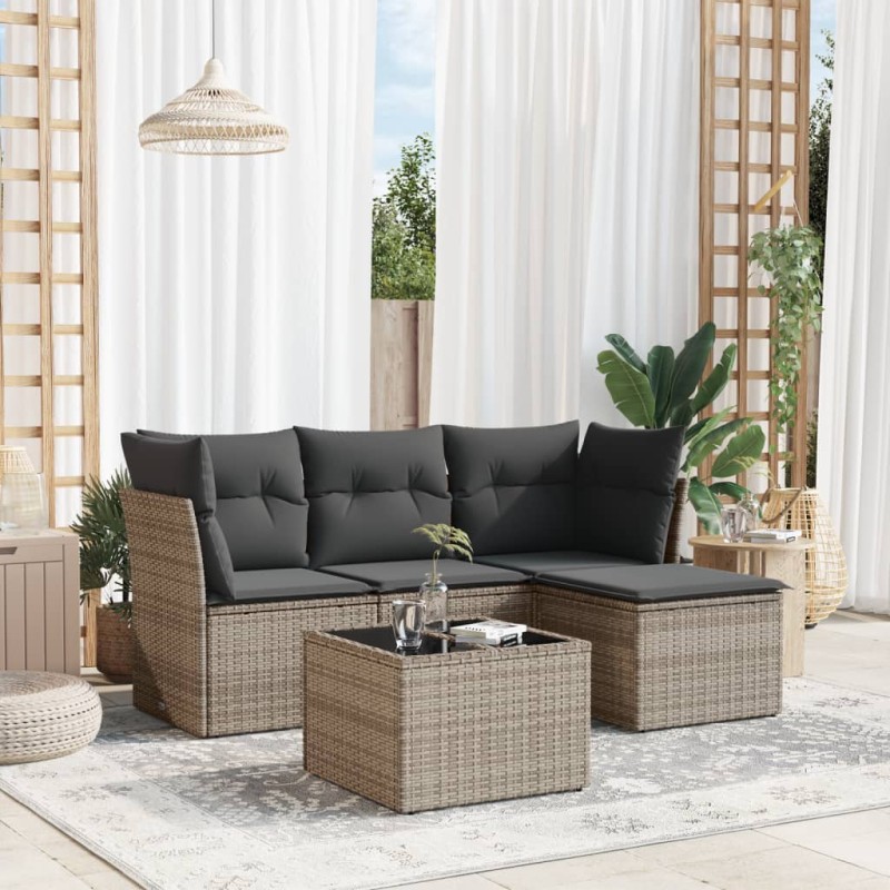 5-tlg. Garten-Sofagarnitur mit Kissen Grau Poly Rattan