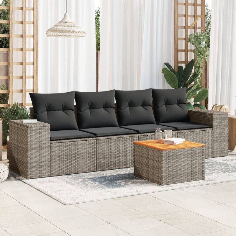 5-tlg. Garten-Sofagarnitur mit Kissen Grau Poly Rattan