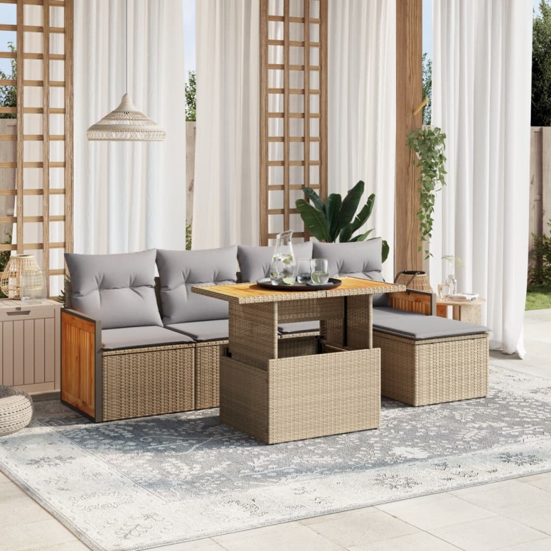 6-tlg. Garten-Sofagarnitur mit Kissen Beige Poly Rattan