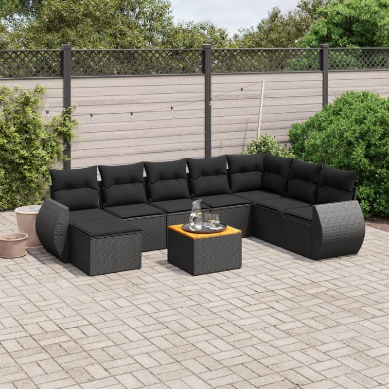 9-tlg. Garten-Sofagarnitur mit Kissen Schwarz Poly Rattan