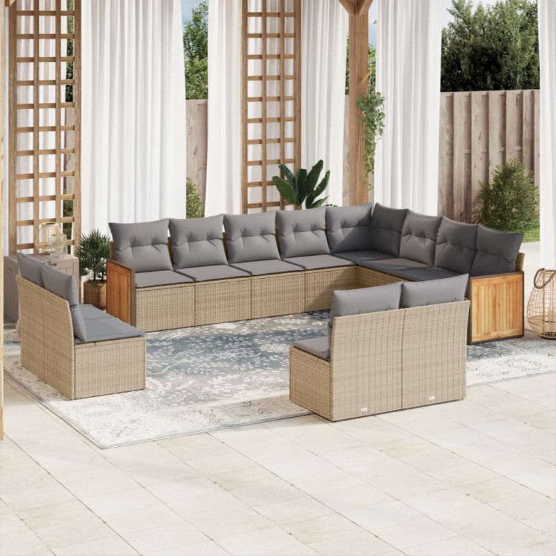 12-tlg. Garten-Sofagarnitur mit Kissen Beige Poly Rattan