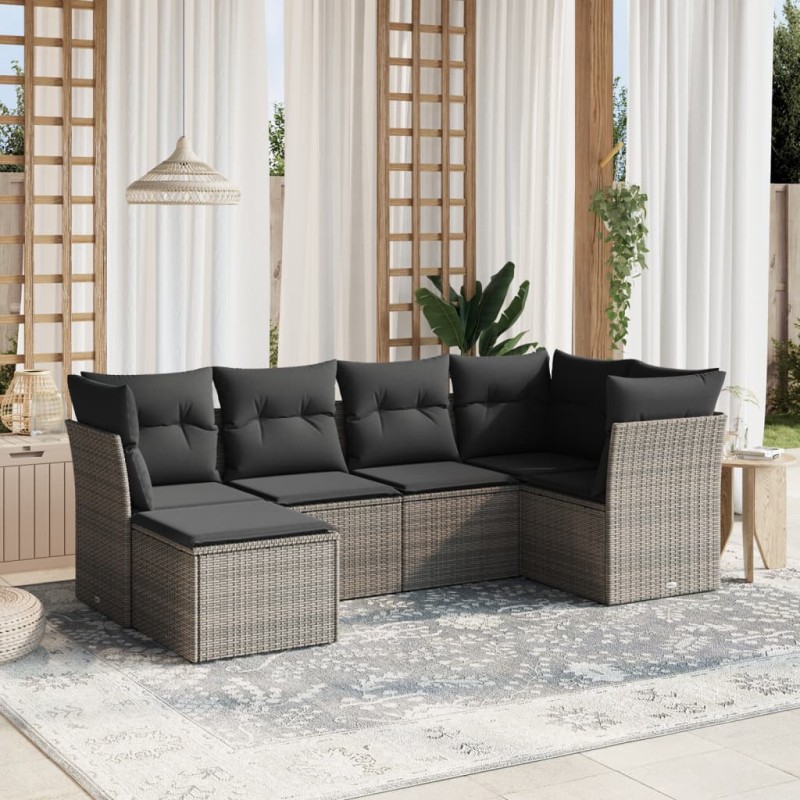 6-tlg. Garten-Sofagarnitur mit Kissen Grau Poly Rattan