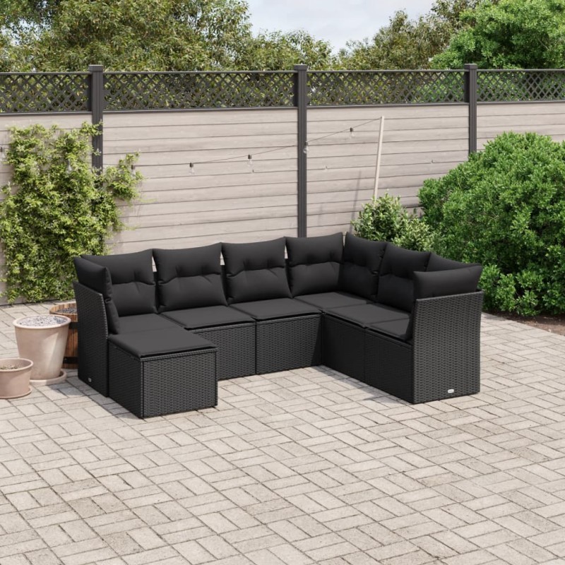 7-tlg. Garten-Sofagarnitur mit Kissen Schwarz Poly Rattan