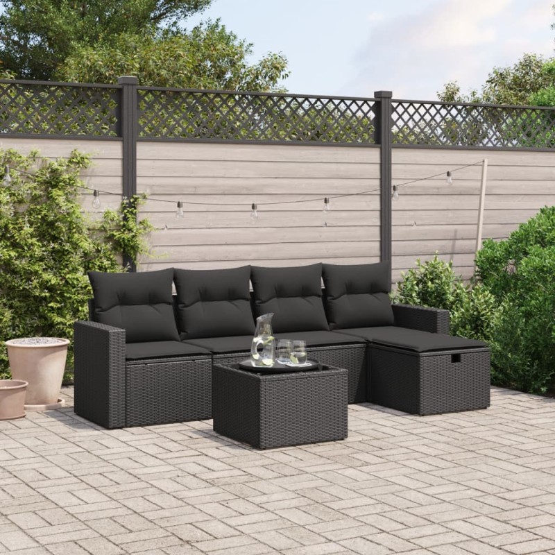 6-tlg. Garten-Sofagarnitur mit Kissen Schwarz Poly Rattan