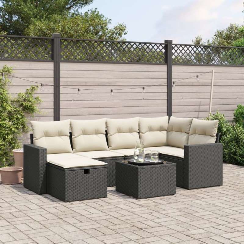 7-tlg. Garten-Sofagarnitur mit Kissen Schwarz Poly Rattan