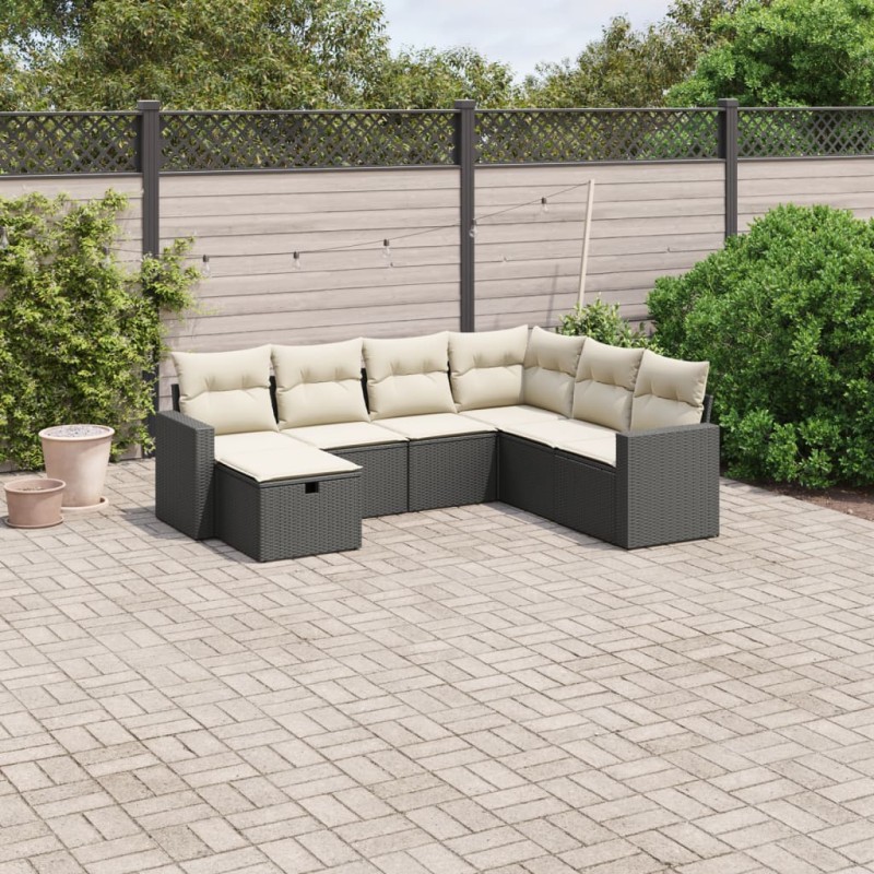 7-tlg. Garten-Sofagarnitur mit Kissen Schwarz Poly Rattan