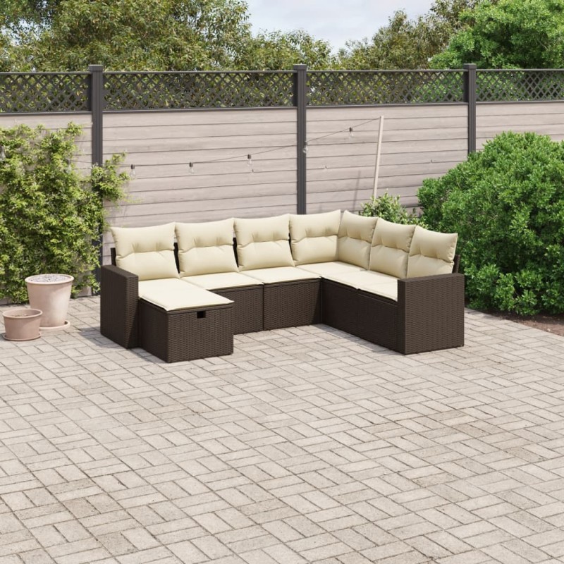 7-tlg. Garten-Sofagarnitur mit Kissen Braun Poly Rattan