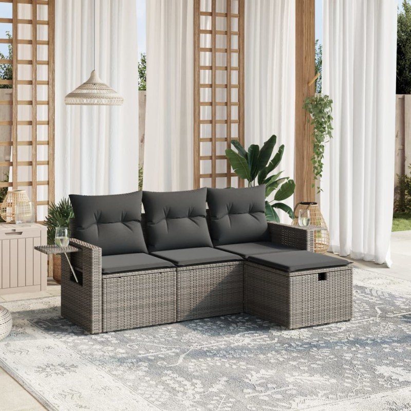 4-tlg. Garten-Sofagarnitur mit Kissen Grau Poly Rattan