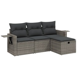 4-tlg. Garten-Sofagarnitur mit Kissen Grau Poly Rattan