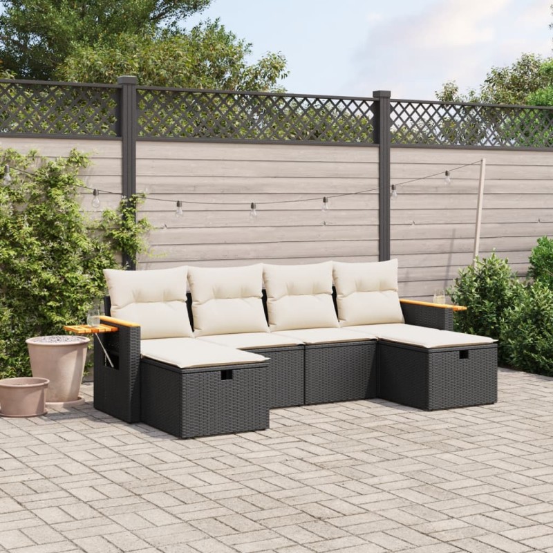 6-tlg. Garten-Sofagarnitur mit Kissen Schwarz Poly Rattan