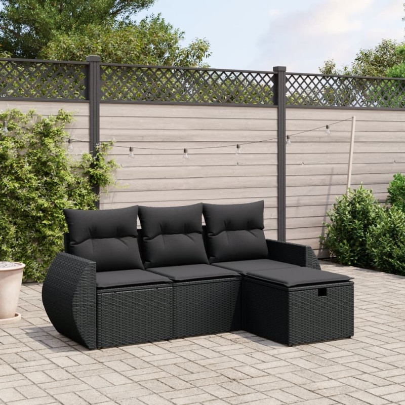 4-tlg. Garten-Sofagarnitur mit Kissen Schwarz Poly Rattan