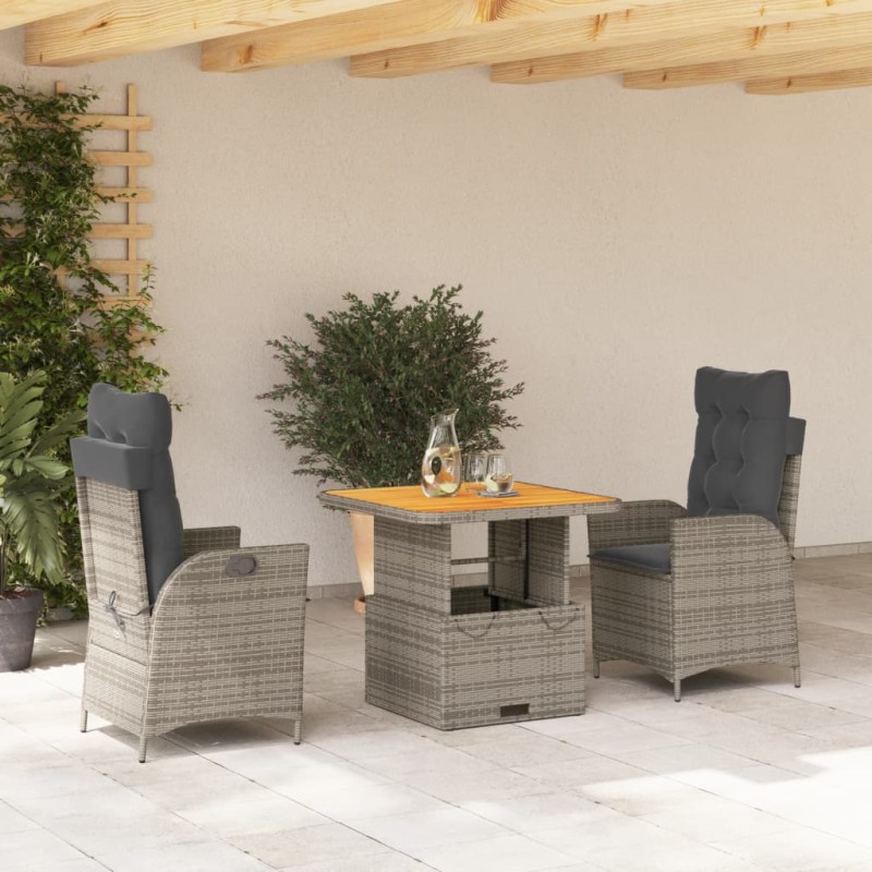 3-tlg. Garten-Essgruppe mit Kissen Grau Poly Rattan