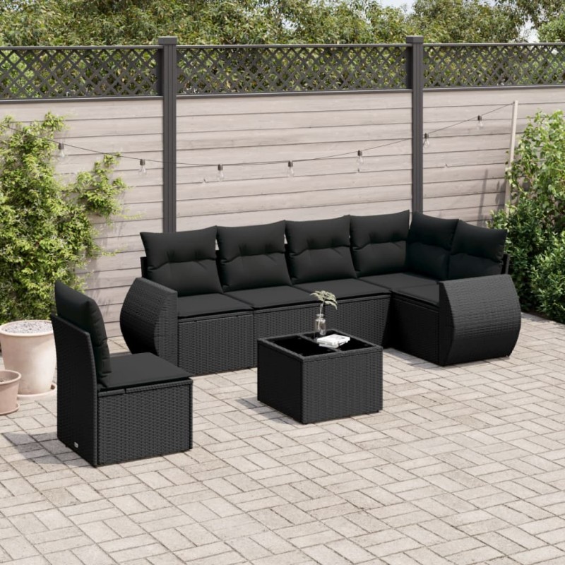 7-tlg. Garten-Sofagarnitur mit Kissen Schwarz Poly Rattan