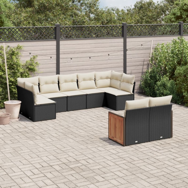 9-tlg. Garten-Sofagarnitur mit Kissen Schwarz Poly Rattan