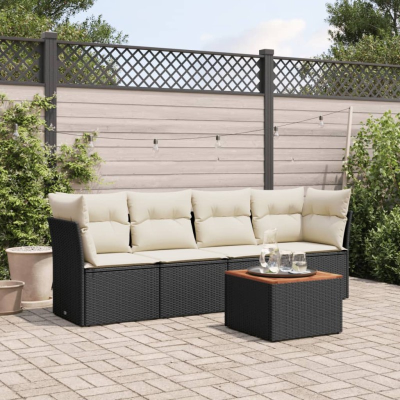 5-tlg. Garten-Sofagarnitur mit Kissen Schwarz Poly Rattan