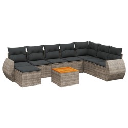 9-tlg. Garten-Sofagarnitur mit Kissen Grau Poly Rattan