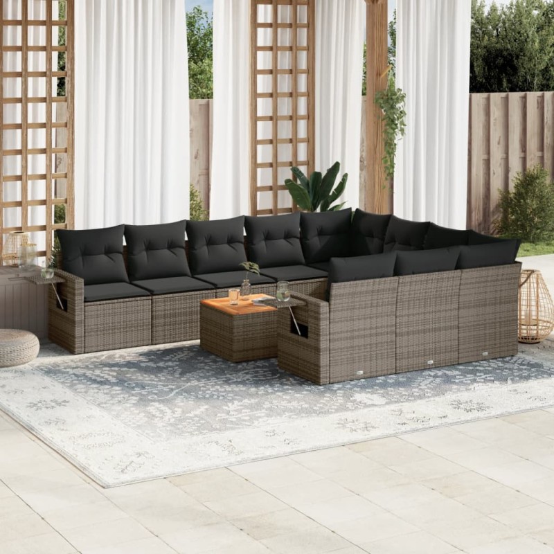 11-tlg. Garten-Sofagarnitur mit Kissen Grau Poly Rattan